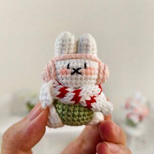 Handmade Amigurumi Crochet Miffy Wearing Headphones and Green Scarf Plushie